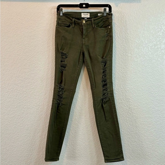 Frame Le Skinny De Jeanne Forest Green Distressed Skinny Jeans - Picture 2 of 8
